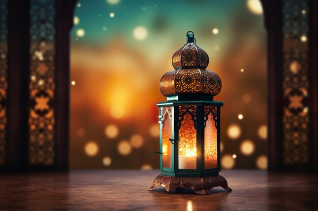 Islamitische lantaarn met een wazige moskee met bokeh op de achtergrond