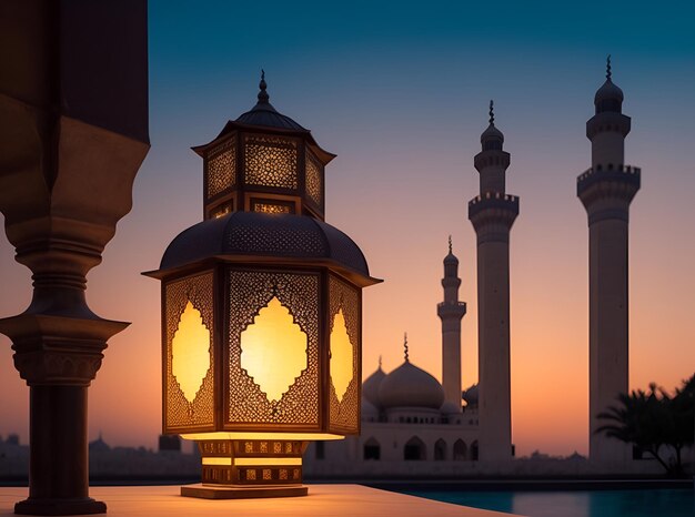 Islamitische lantaarn met een wazige moskee op de achtergrond