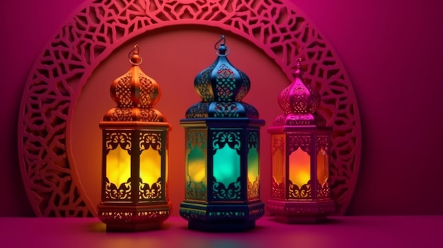 Islamitische lantaarn met kleurrijke achtergrond voor zowel ramadan als adha Eid al Adha het Offerfeest Generatieve AI