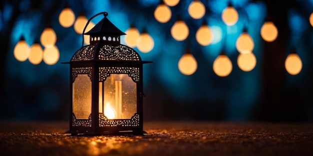 Foto islamitische lantaarns met kleurrijk licht dat's nachts gloeit islamitisch feest eid of ramadan greeting card