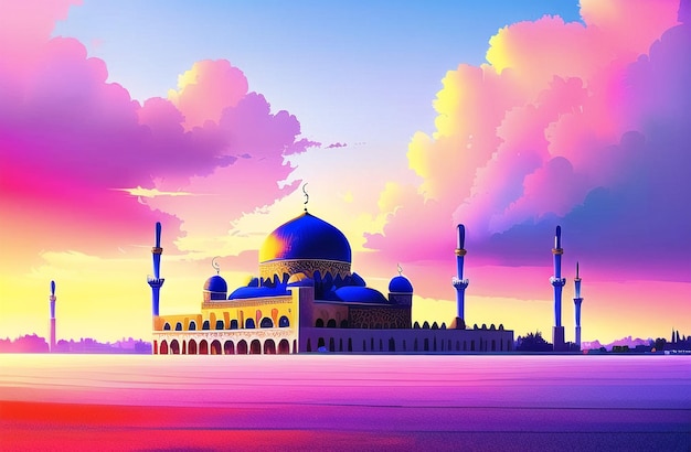 Islamitische Masjid Moskee banner voor Ramadan Kareem Eid Mubarak Muslim Islamic Festival Generative AI