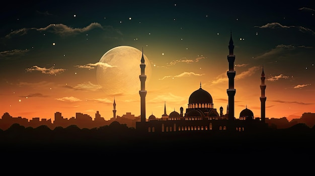 Islamitische moskee bij zonsondergang met een prachtige maan aan de hemel die een heilige en serene nacht creëert