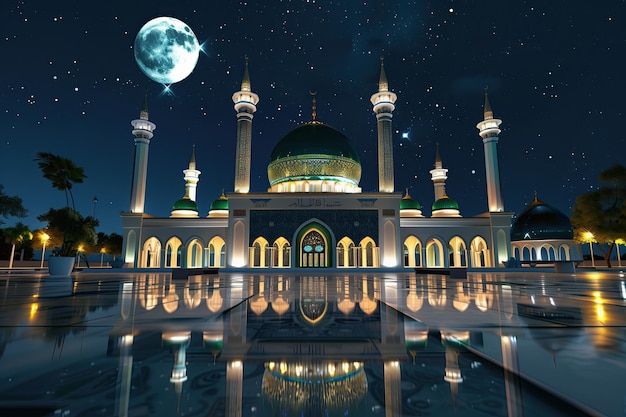 islamitische moskee met nachtelijke hemel en maan ramadan kareem achtergrond