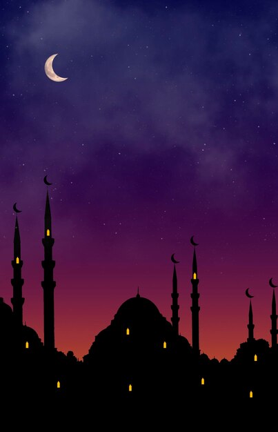 Islamitische nacht met moskee en maan achtergrond islamitische ramadan en het Midden-Oosten concept hoge kwaliteit