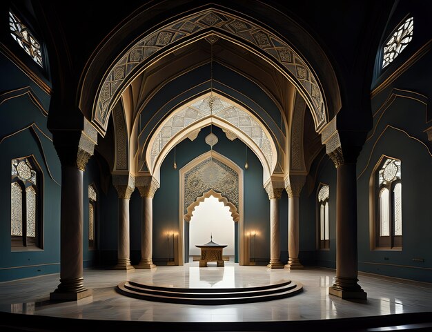 Islamitische podiumdecoratieachtergrond met islamitische architectuur gemaakt met generatieve AI