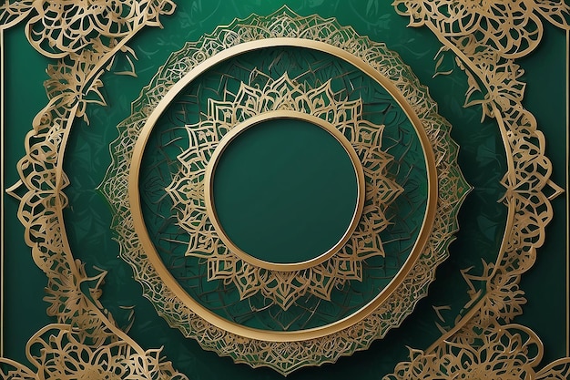 Islamitische Ramadan Groene achtergrond met frame en Mandala Gouden Ornament Premium Vector
