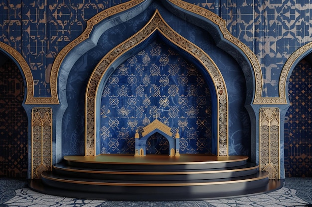 Islamitische ramadan groet achtergrond met 3d podium moskee en islamitische halve maan ornamenten