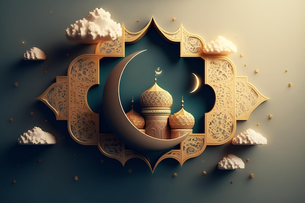 Islamitische Ramadan groet achtergrond met schattige 3D moskee en islamitische halve maan ornamenten