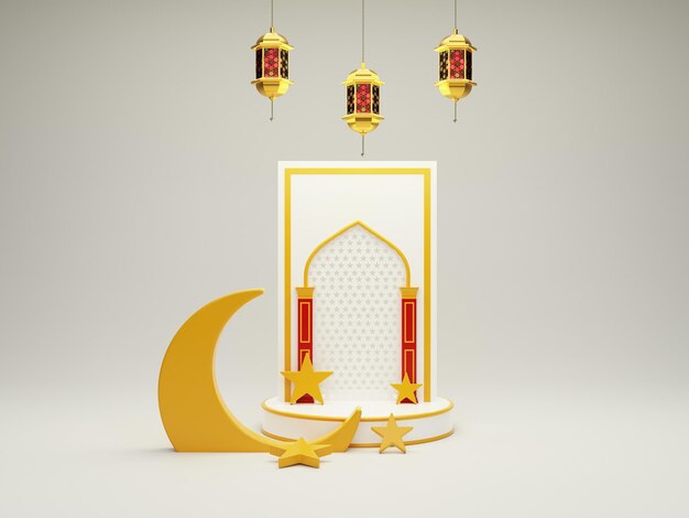 Islamitische Ramadan Kareem groet achtergrond met 3d gouden moskee Lantaarn podium en halve maan ornamenten