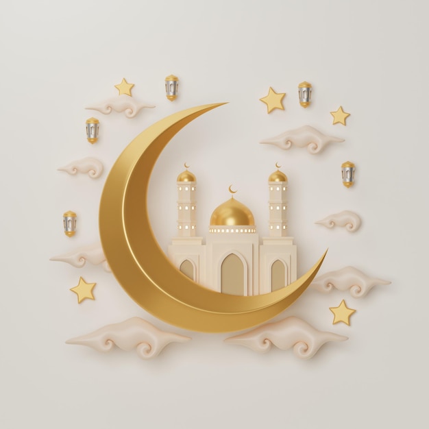 Islamitische ramadan met 3d illustratie wassende maan en moskee kopiëren ruimte