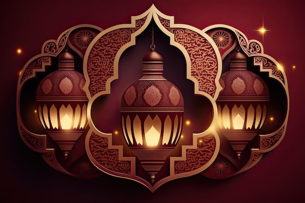 Islamitische ramadan mubarak viering lantaarn licht effen achtergrond ai gegenereerd