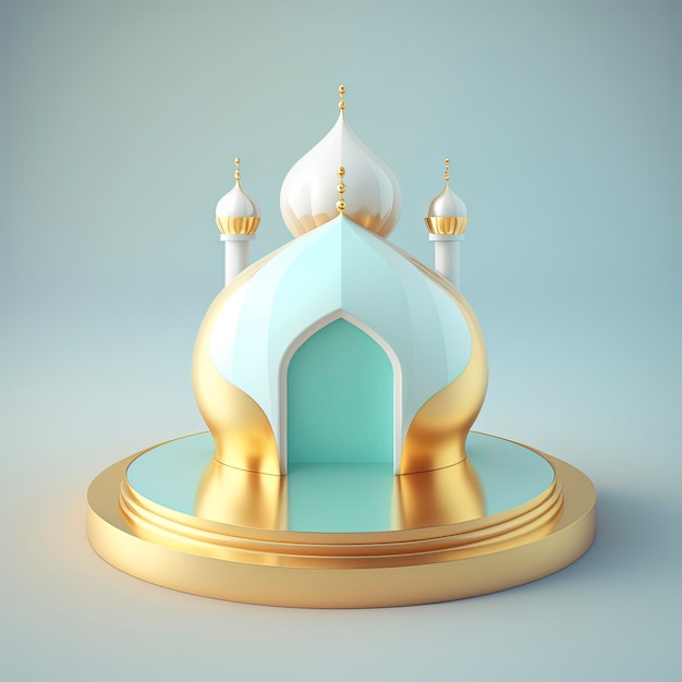 Islamitische ramadan podiumachtergrond van futuristische en moderne 3D-realistische moskee met scène en podium voor productweergave