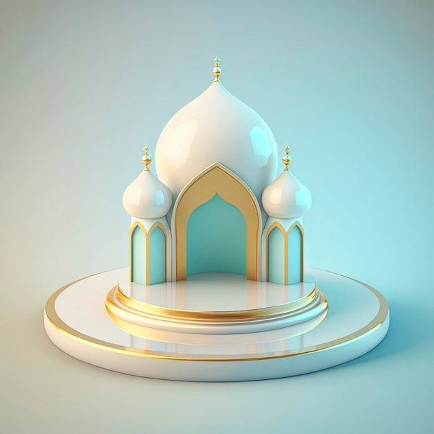 Islamitische ramadan podiumachtergrond van futuristische en moderne 3D-realistische moskee met scène en podium voor productweergave