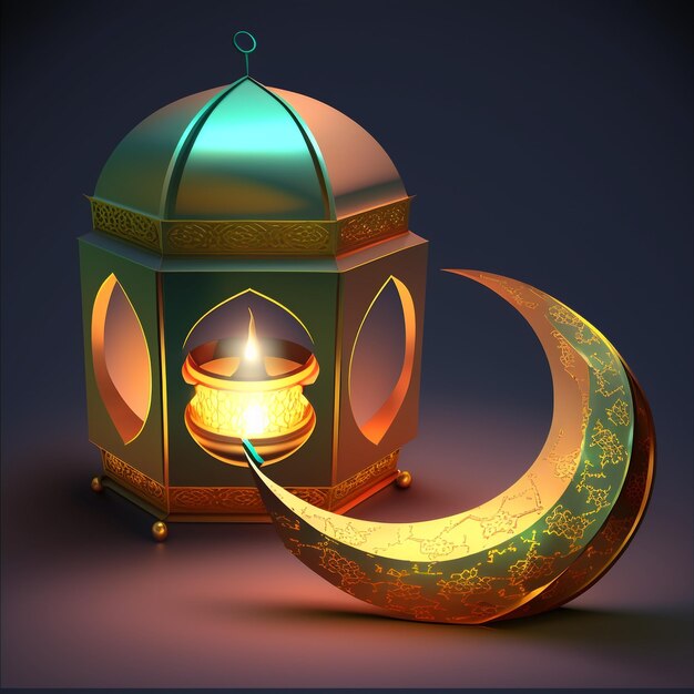 Islamitische Ramadan-vakantiebanner met gloeiende lantaarnmaan en moskeeraamportaal AI