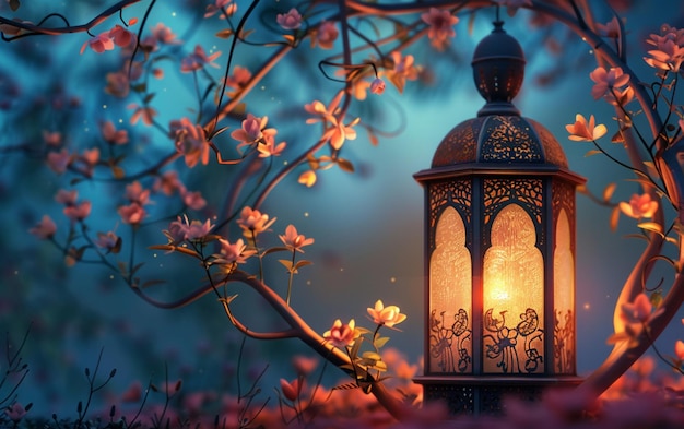 Foto islamitische ramadan viering lantaarn in een fantasy stijl met een uniforme achtergrond en bloemen