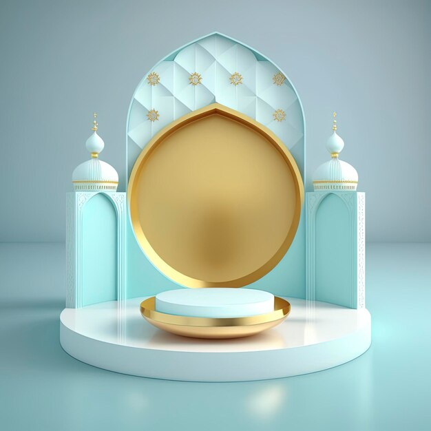 Islamitische thema product display achtergrond in 3D-rendering illustratie ontwerp Moskee portal frame met podium of podium en lege ruimte