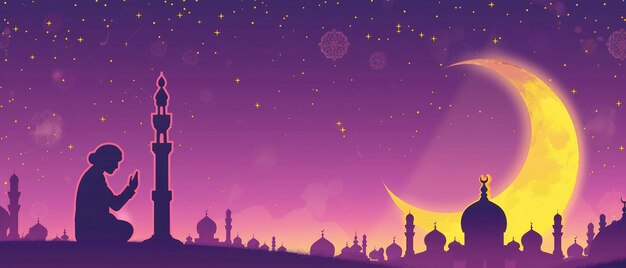 Islamitische viering Ramadan en Eid Mubarak Ontwerp met halve maan geschenkdoos en biddende man 3