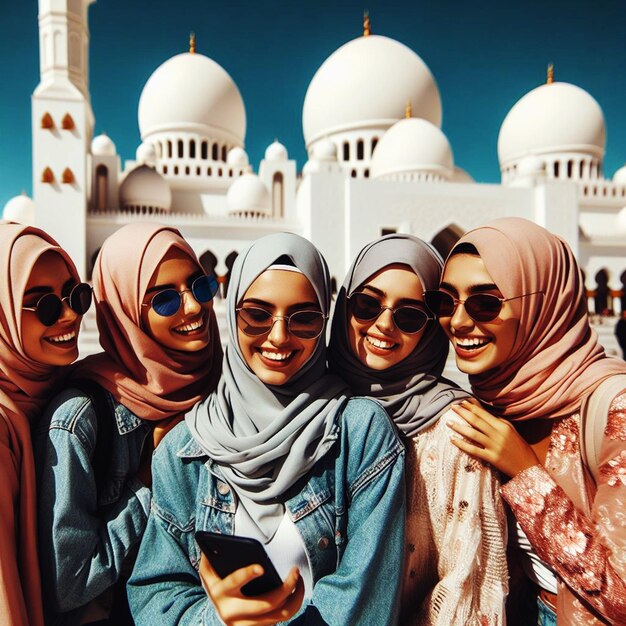 Foto islamitische vrouwen voor de moskee met houding ai genereren