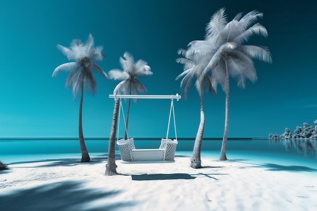 An island beach with palm trees and a swing chair