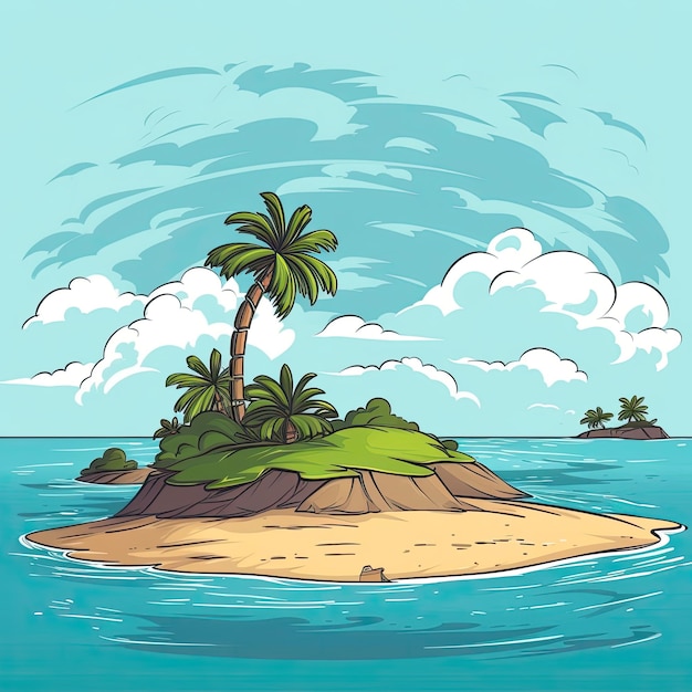 사진 섬 탈출 해양과 하늘의 빈 해변 풍경과 만화 열대 나무