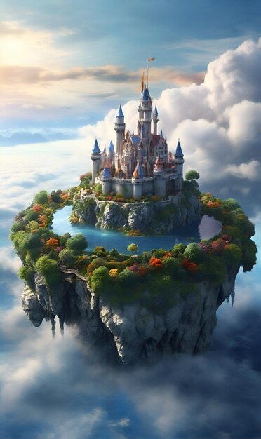 Photo an island floating in the clouds on which stands a beautiful snowwhite magical castle