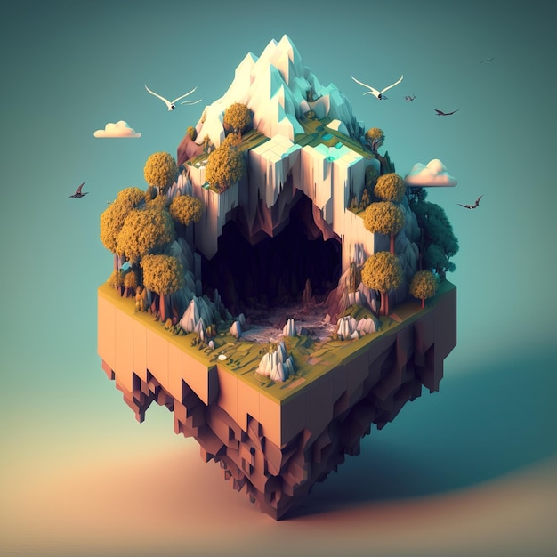 An island floating in midair in a simplified and minimalist form game world generative ai