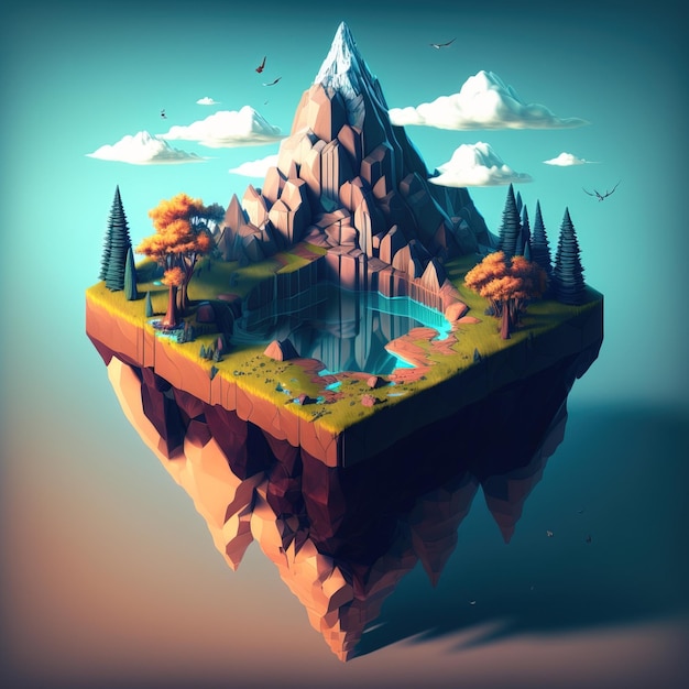 An island floating in midair in a simplified and minimalist form game world generative ai