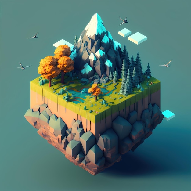 An island floating in midair in a simplified and minimalist form game world generative ai