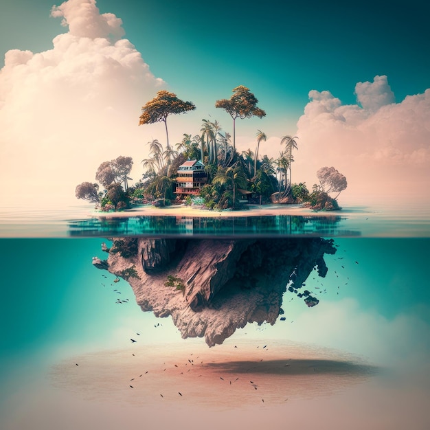 An island floating in the ocean with house on it Generative AI