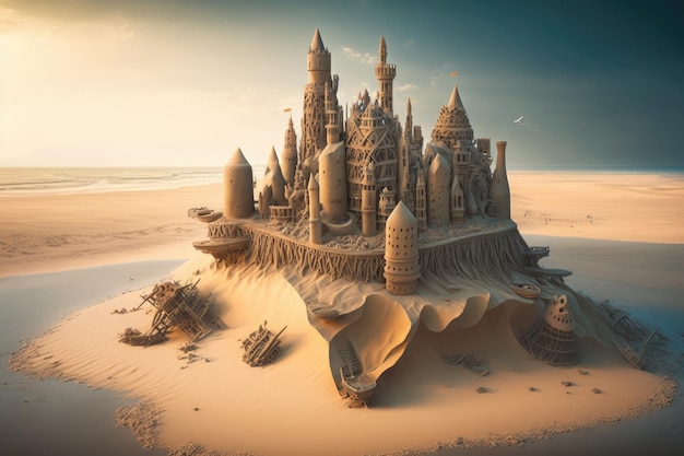An island of giant sandcastles where each castle is unique and elaborate