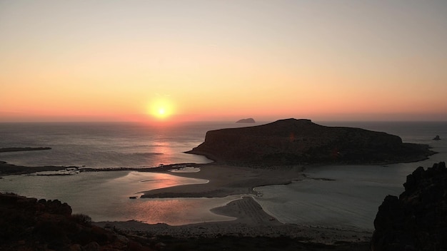 Island Gramvousa and the beautiful Balos beach on sunset in Crete island