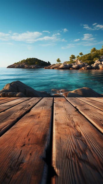 Foto orizzonte dell'isola mare e cielo sfocati dietro il tavolo di legno visualizzazione armoniosa della natura mobile verticale w