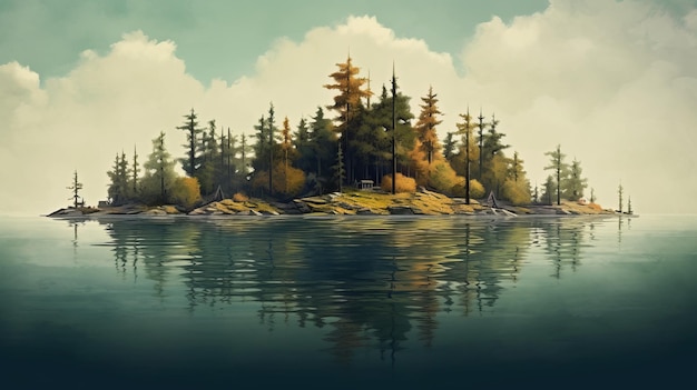 Island Of A Lake Among Pine Trees