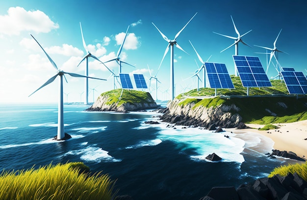 An Island landscape featuring wind turbines with features green fields