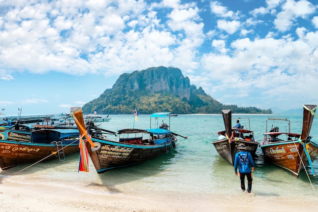 Island and longtail boat and the beach on the islandKrabi Thailand