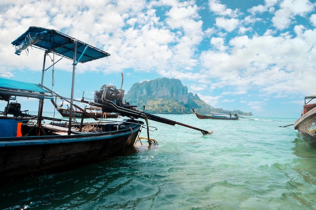 Island and longtail boat and the beach on the islandKrabi Thailand