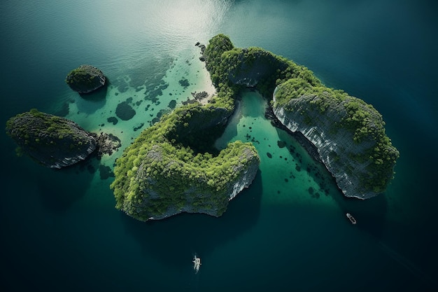 the island looks beautiful from an aerial view in the style of dark aquamarine and green
