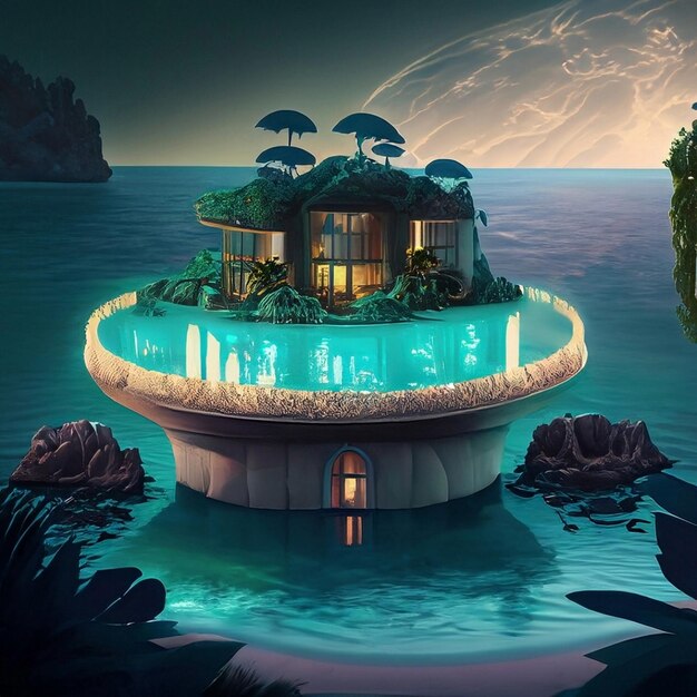 Photo island at the middle of the ocean with an extremely luxurious glass and pastel walled villa