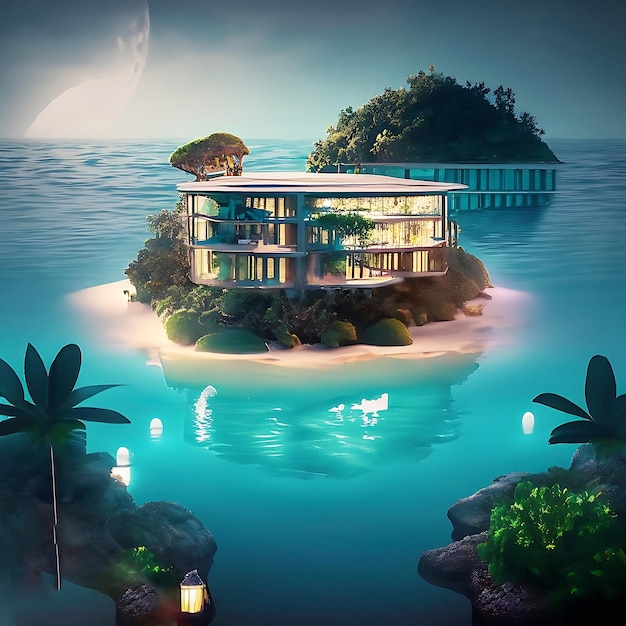 Island at the middle of the ocean with an extremely luxurious glass and pastel walled villa