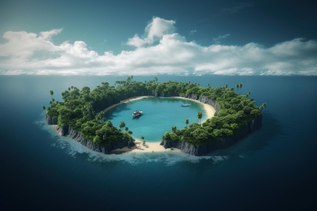 An island in the ocean with a boat in the middle