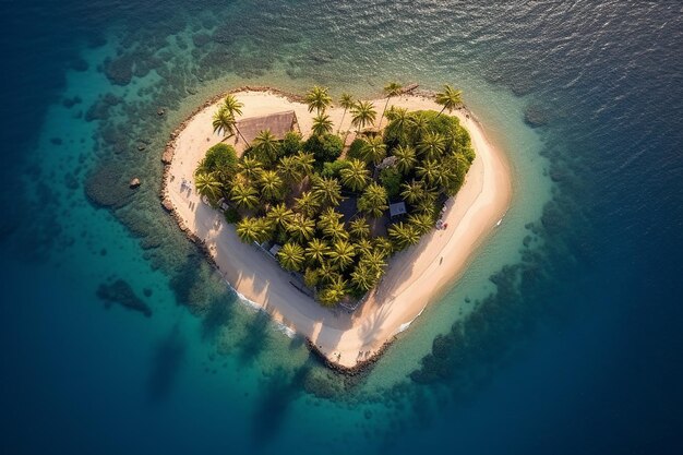 An island in the ocean with heartshaped palm trees