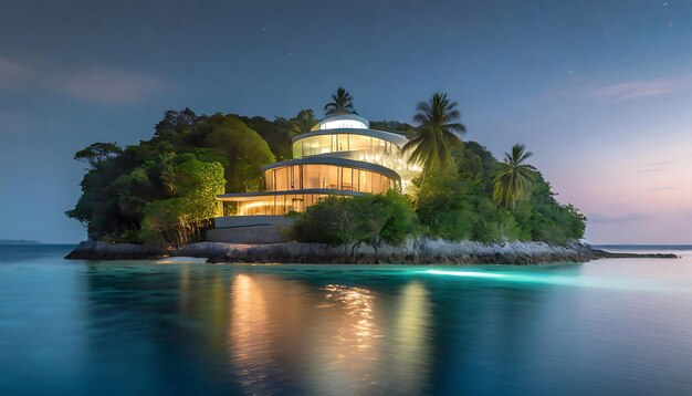 Island ocean with luxurious glass and pastelwalled villa surround