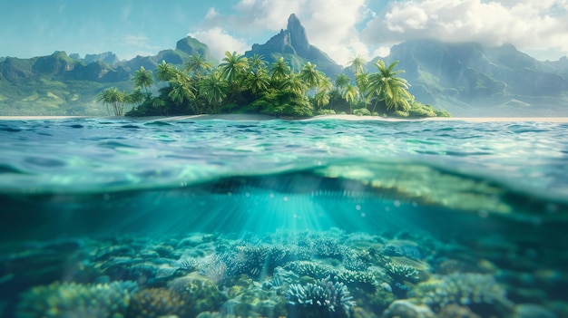 An island and reef in the tropical region split view with waterline