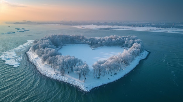 An island in the sea in winter in the shape of a heart