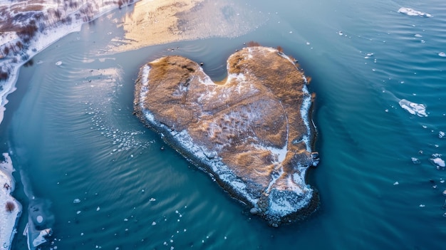 An island in the sea in winter in the shape of a heart