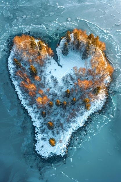 An island in the sea in winter in the shape of a heart