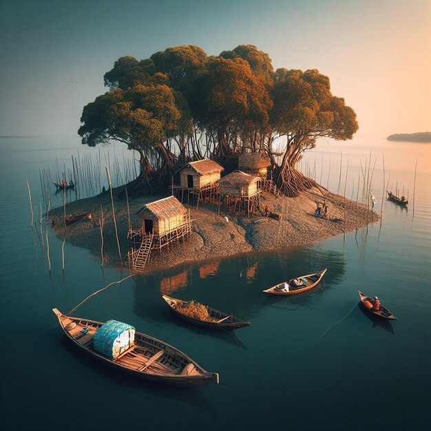 Photo an island situated on the southern border of the sundarbans is a fishing boat at dublar cha