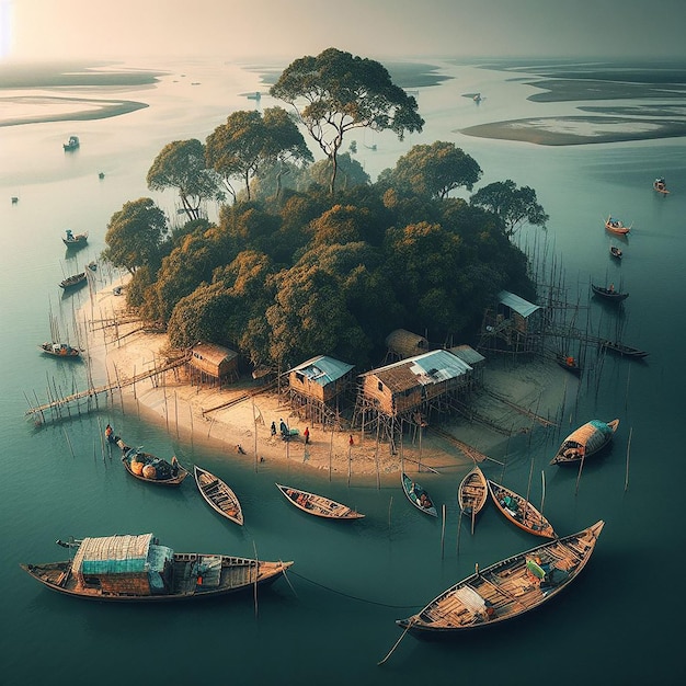 Photo an island situated on the southern border of the sundarbans is a fishing boat at dublar cha