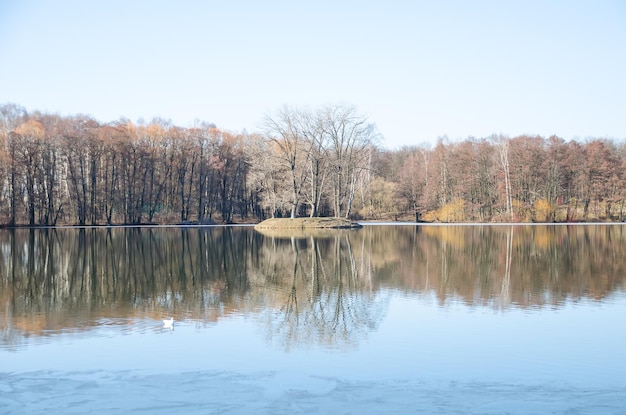 Island on spring river Svisloch in Minsk Belarus