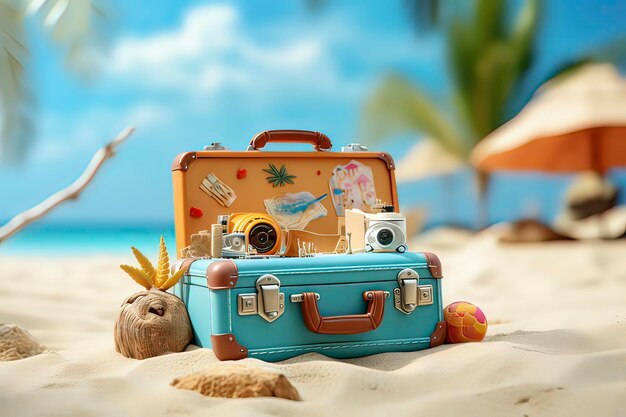 Island travel concept luggage on the beach AI technology generated image